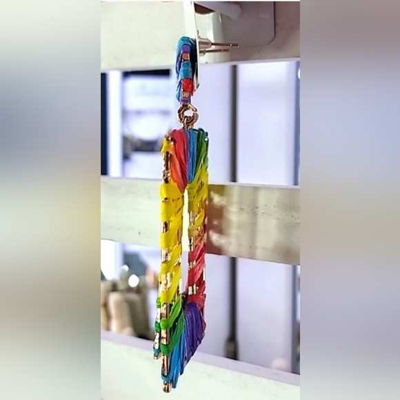 Multi-Color Fabric Wrapped Hoop Dangle Earrings - Picture 4 of 4